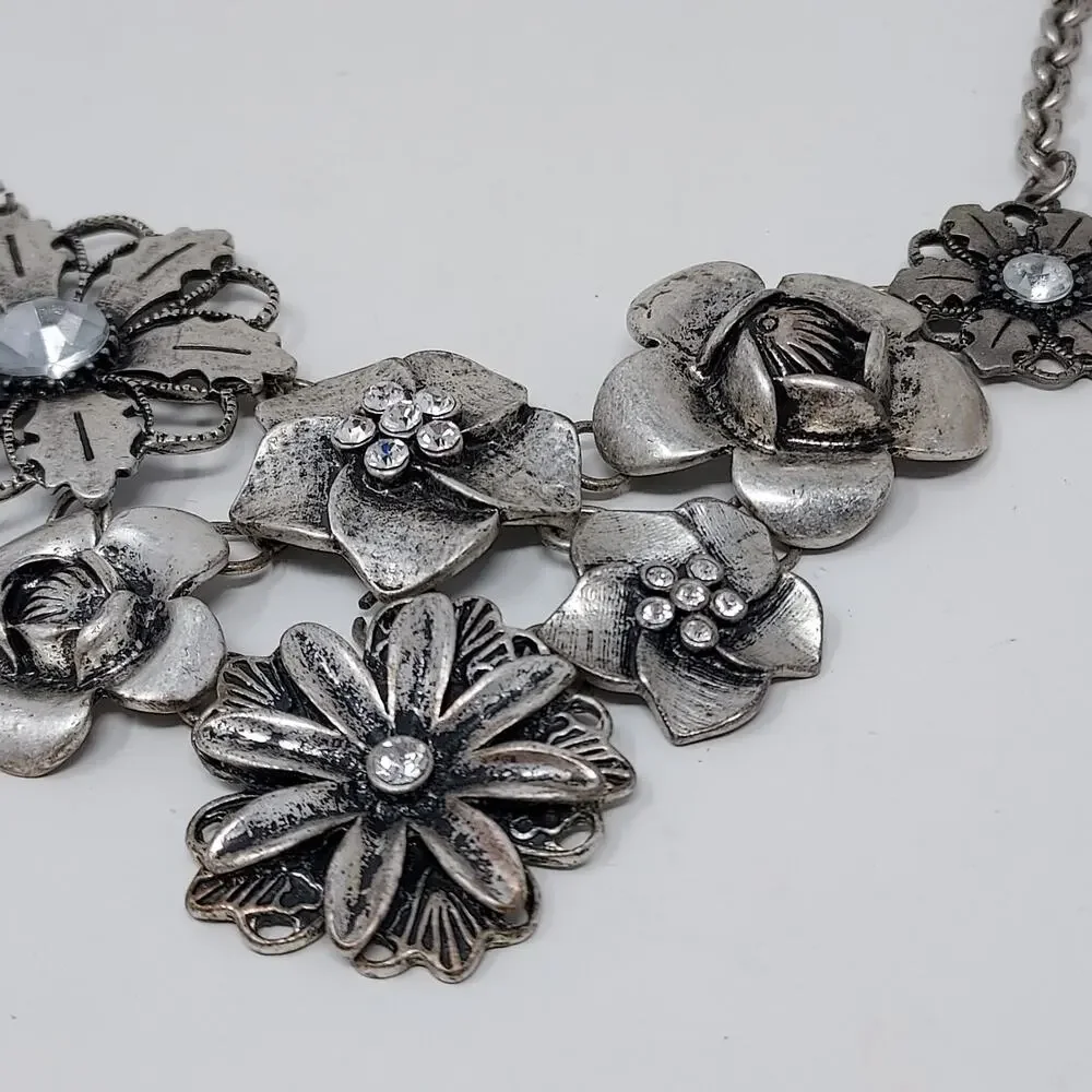 Vintage Cookie Lee Flower Statement Necklace Aged Silver Tone Rhinestones Signed